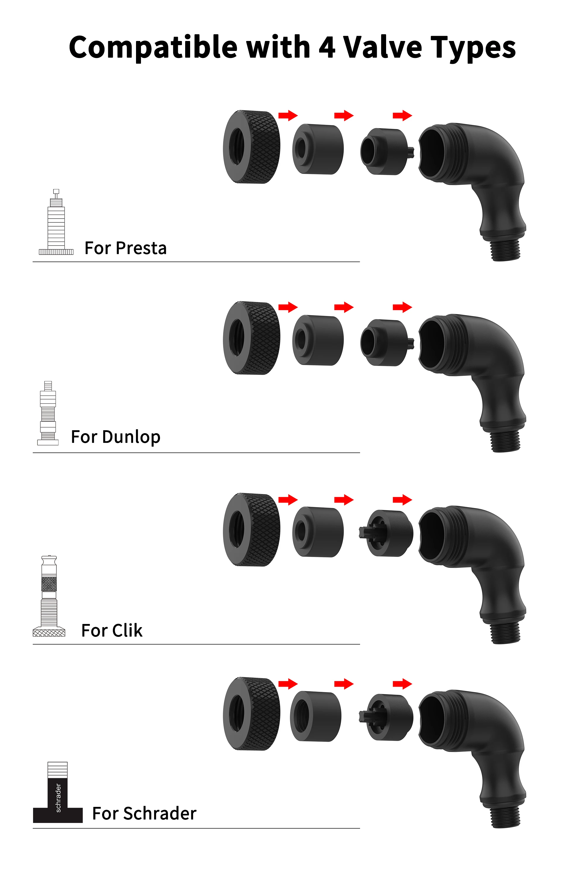 4-in-1 Universal Inflator Pump Nozzle Hose Adapter Valve Convertor for Schrader Presta Dunlop Clik Valve Fits MTB & Road Bike