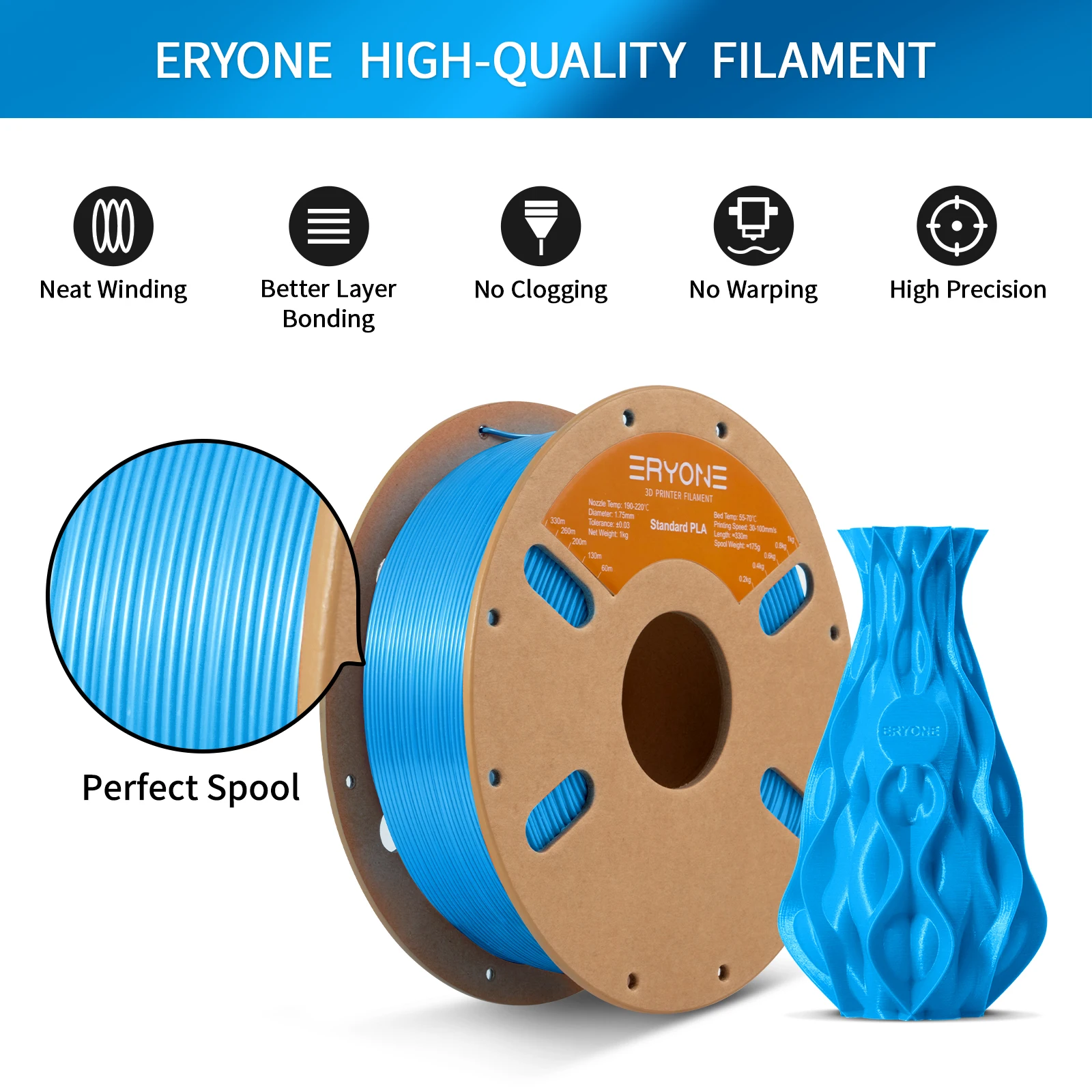 ERYONE NEW Standard PLA Filament 1/3/5/10kg 1.75mm 3D PLA Low Shrinkage Consumable For 3D Printer 1KG/Roll (2.2lbs/Roll)