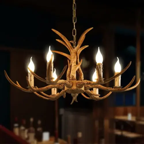 Retro Brown Antler Chandelier 6 Heads Deer Horn Ceiling Light Pendant Lamp 220V