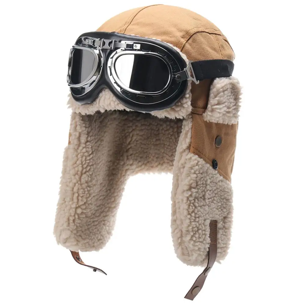 Pilot Hat With Goggles For Winter Skiing Beanie With Ear Protection Windproof Outdoor Ski Hat Warm Caps For Skiing Camping