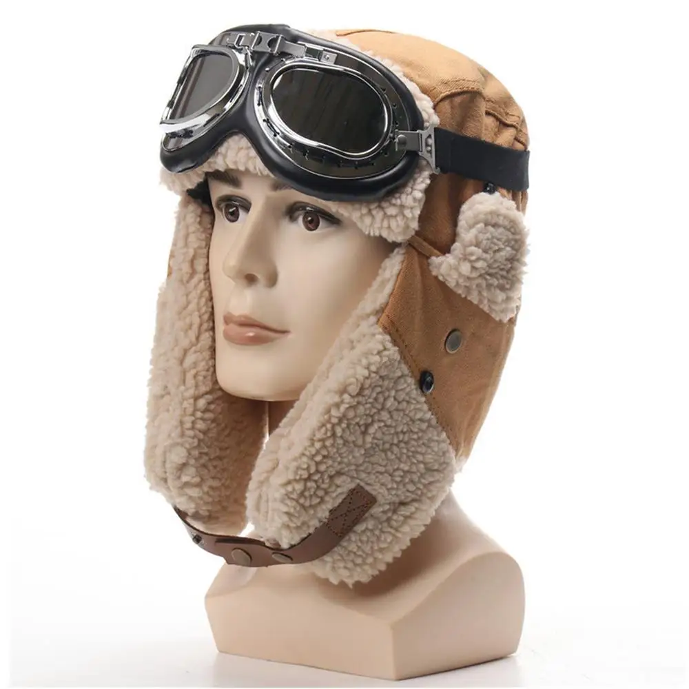 Pilot Hat With Goggles For Winter Skiing Beanie With Ear Protection Windproof Outdoor Ski Hat Warm Caps For Skiing Camping