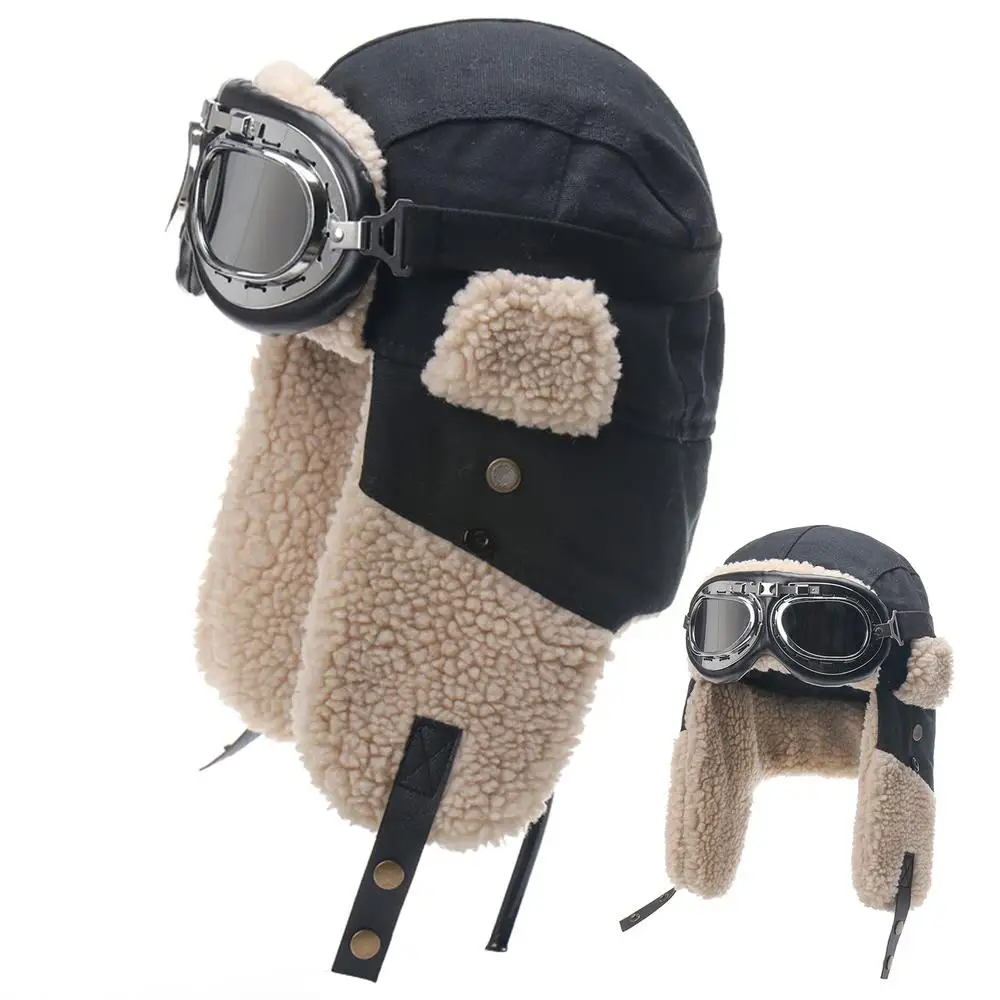 Pilot Hat With Goggles For Winter Skiing Beanie With Ear Protection Windproof Outdoor Ski Hat Warm Caps For Skiing Camping