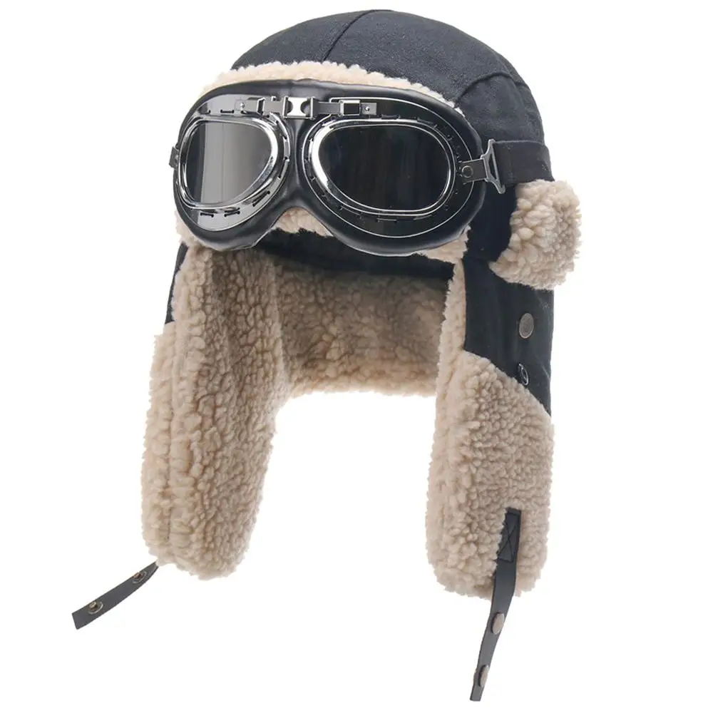 Pilot Hat With Goggles For Winter Skiing Beanie With Ear Protection Windproof Outdoor Ski Hat Warm Caps For Skiing Camping