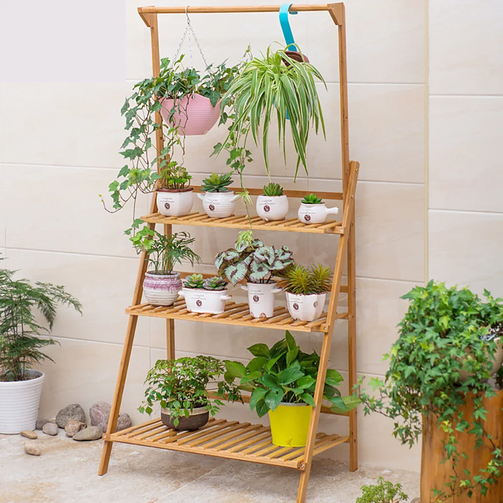 Folding Bamboo Plant Stand, Flower Pot Shelf, Multi-Use for Greenhouse Indoor and Outdoor, 3 Tier