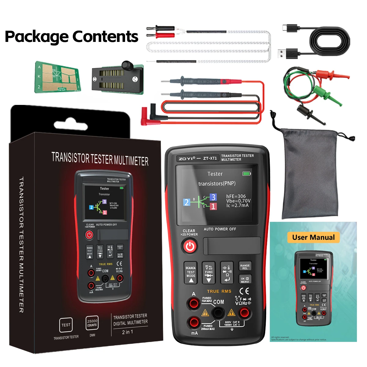 ZOYI ZT-XT1 2-in-1 LCR Digital Multimeter & Transistor Tester, for Voltage Resistance Diode Continuity Testing