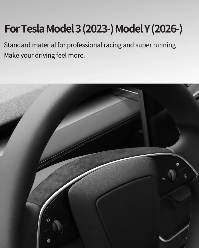 For Tesla Model 3 Highland / Model Y Juniper 2026- Steering Wheel Decorative Frame Trim Sticker Car Accessory Made of Alcantara