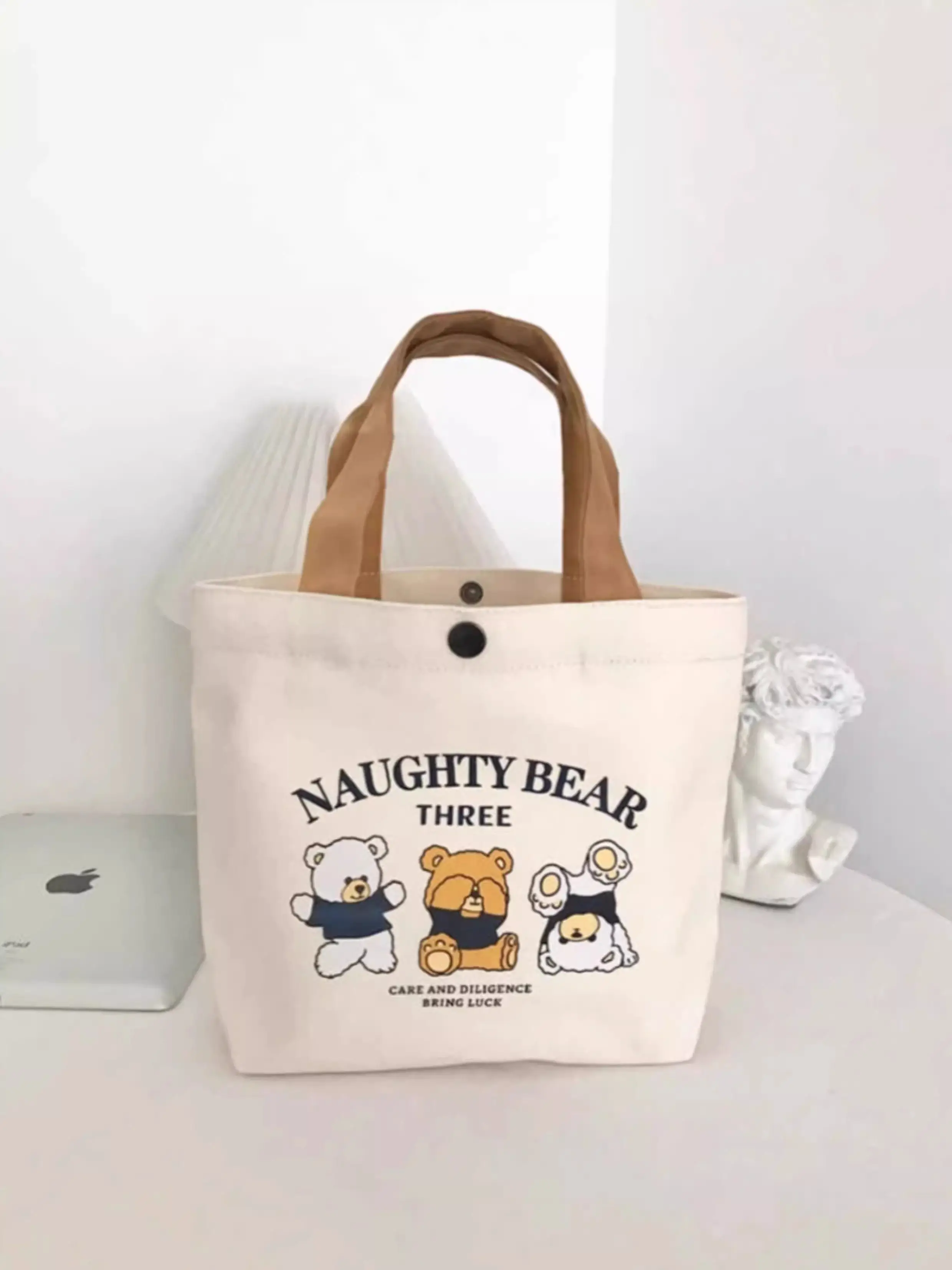 Little Bear Canvas Bag, Female Printed Versatile, Student Portable, Office Handbag, Bento Bag, Handbag, Sail Bag