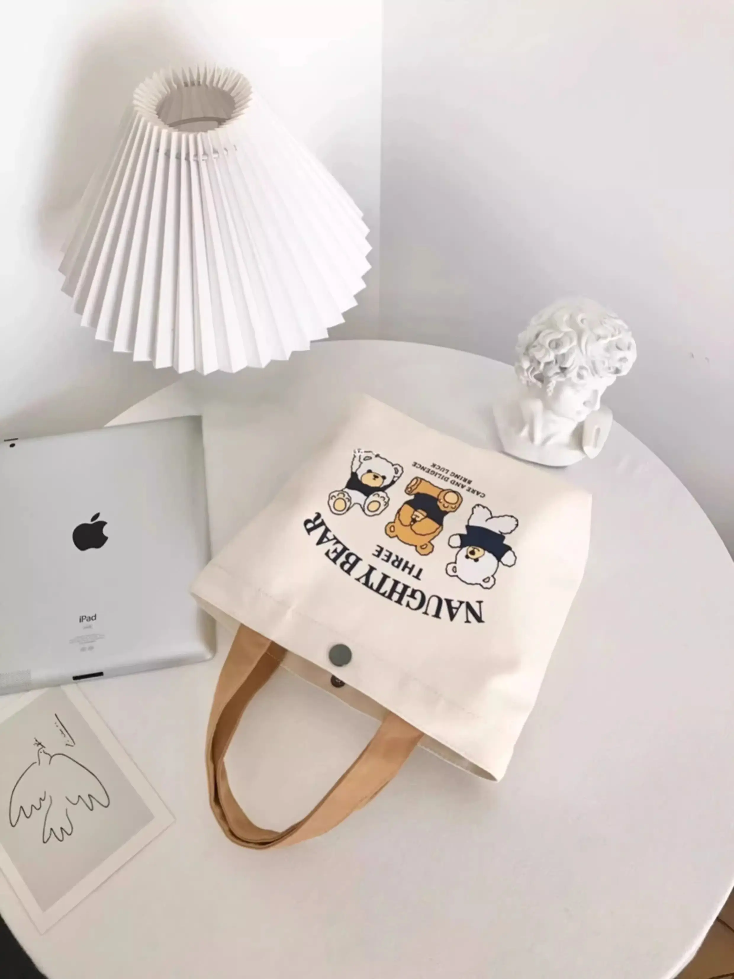 Little Bear Canvas Bag, Female Printed Versatile, Student Portable, Office Handbag, Bento Bag, Handbag, Sail Bag