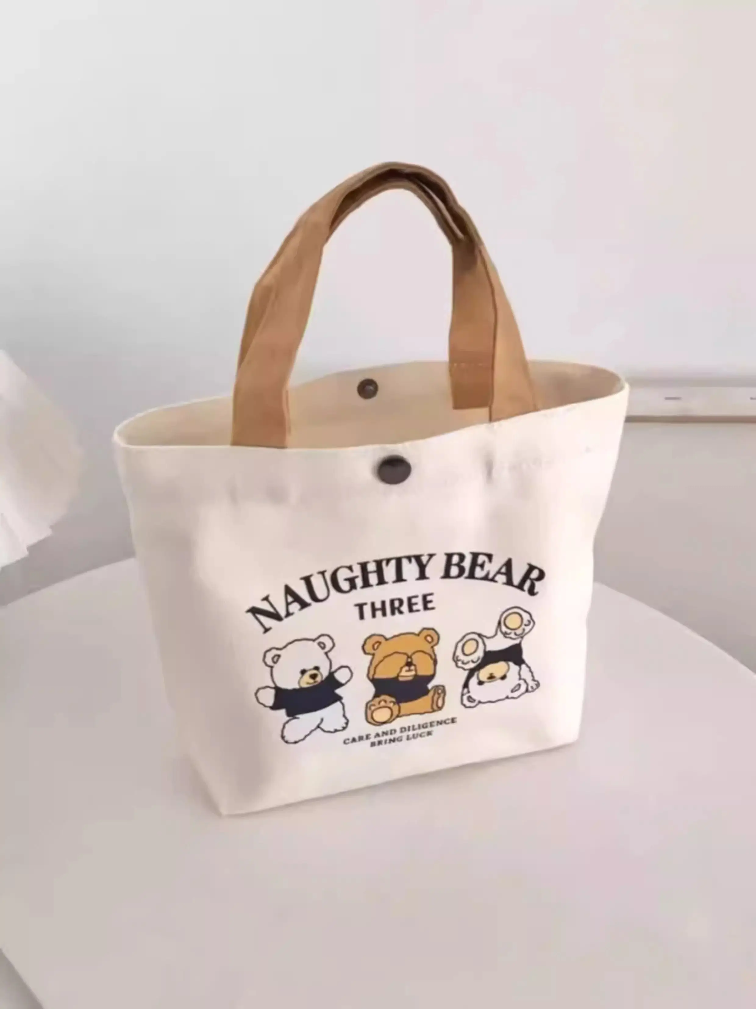 Little Bear Canvas Bag, Female Printed Versatile, Student Portable, Office Handbag, Bento Bag, Handbag, Sail Bag