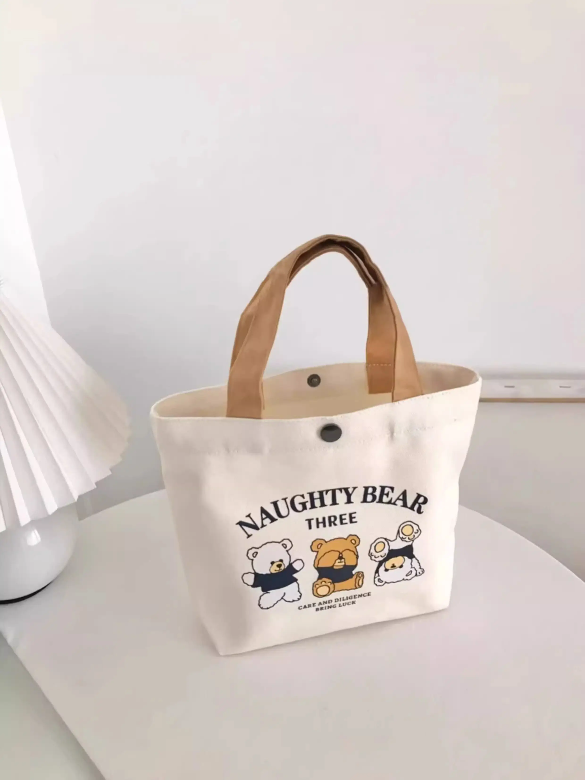 Little Bear Canvas Bag, Female Printed Versatile, Student Portable, Office Handbag, Bento Bag, Handbag, Sail Bag
