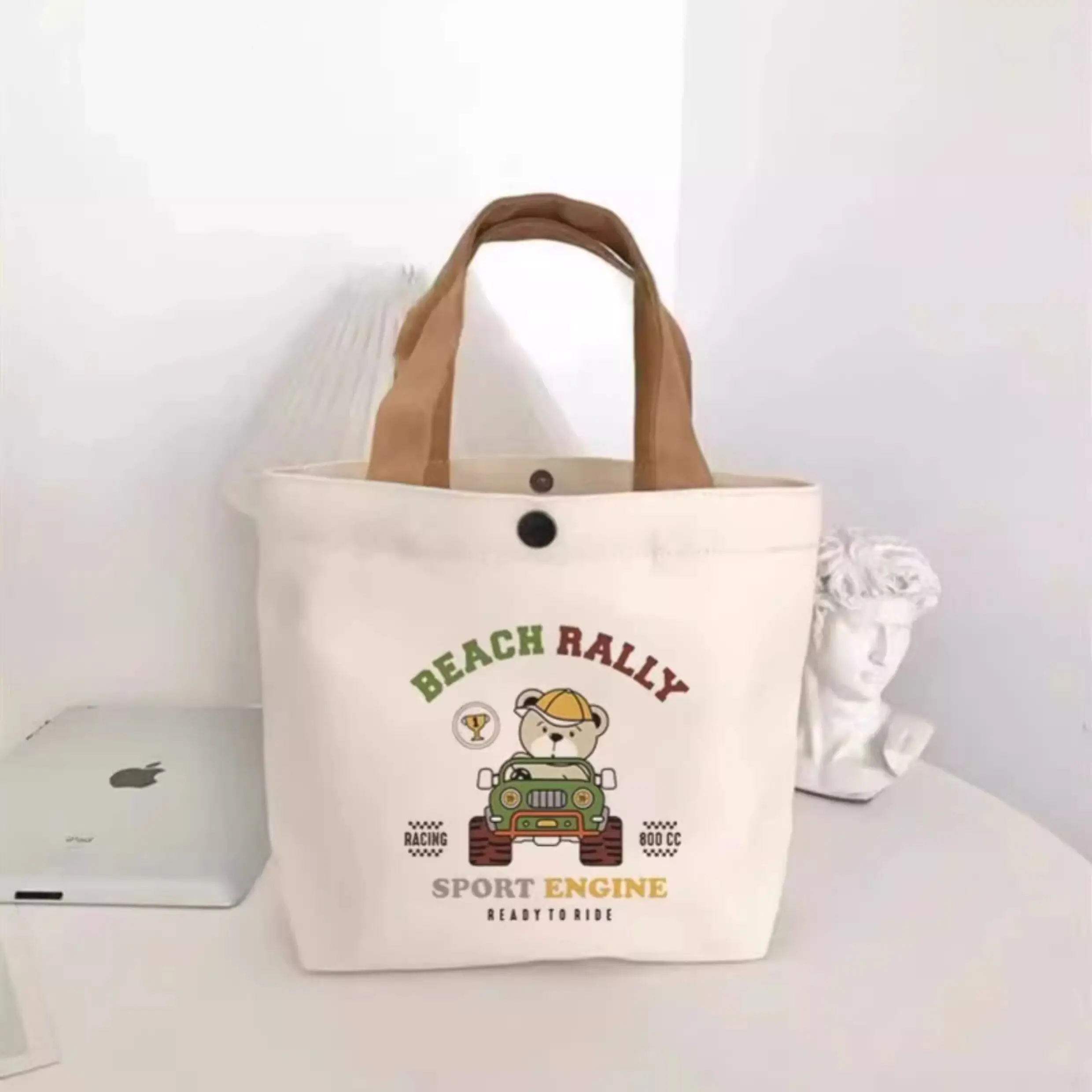 Little Bear Canvas Bag, Female Printed Versatile, Student Portable, Office Handbag, Bento Bag, Handbag, Sail Bag