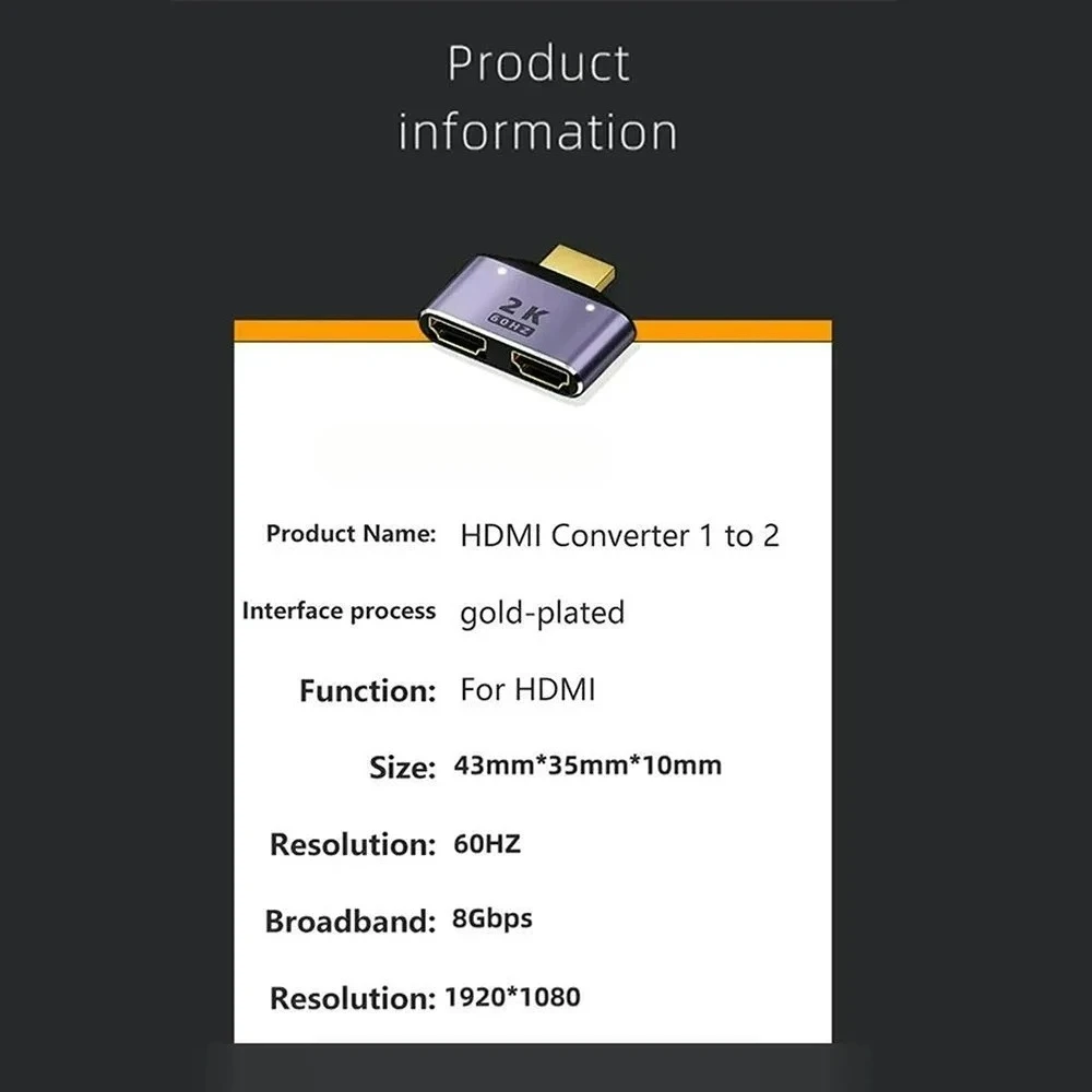 HDMI-Compatible To Dual HDTVAdapter HD 2K Dual Output Splitter Monitor Adapter 1 To2 HDTVMale To Two HDMIFemale Adapter Splitter