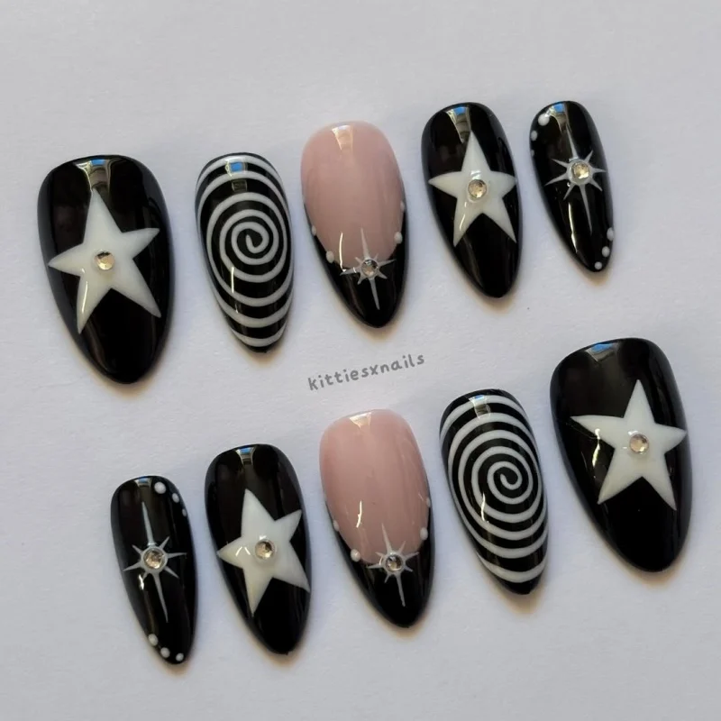 10 Pieces of Hand-Pressed Almond-Shaped Nails, Beautiful False Nails, Featuring Black Swirl Punk Stars, Suitable for Women