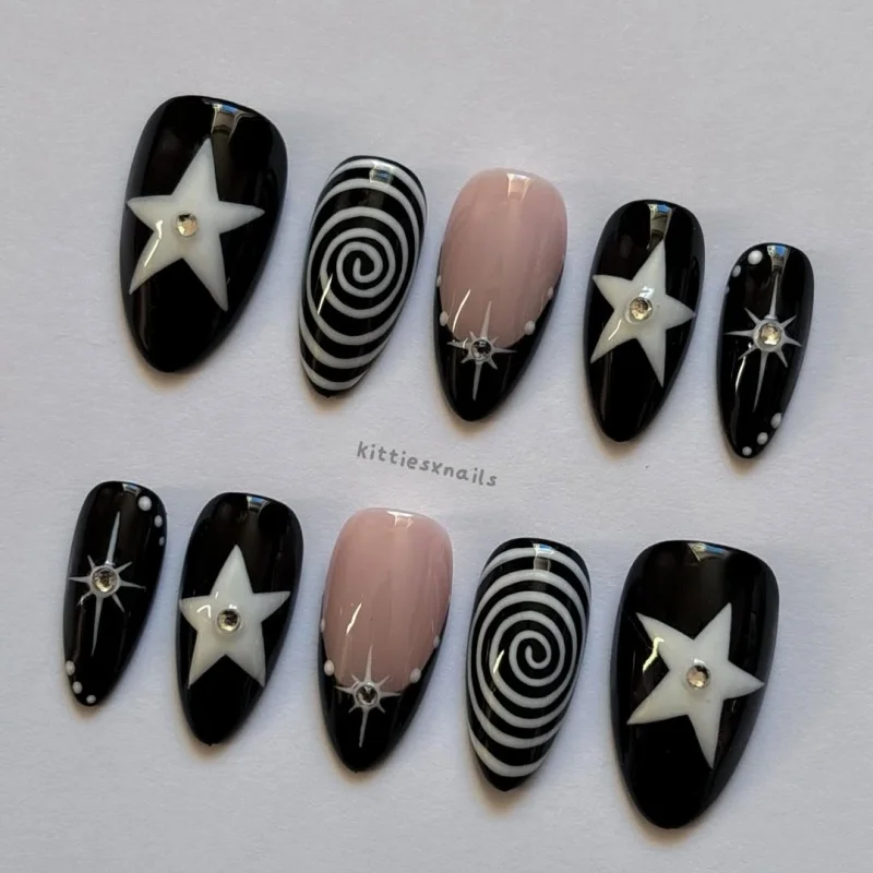 10 Pieces of Hand-Pressed Almond-Shaped Nails, Beautiful False Nails, Featuring Black Swirl Punk Stars, Suitable for Women
