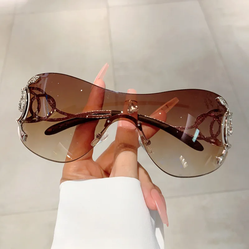 Y2k Rimless Sunglasses Women One Piece Lens Outdoor Shades Trendy Luxury Brand Design Metal Frame Punk Glasses Eyewear Goggle