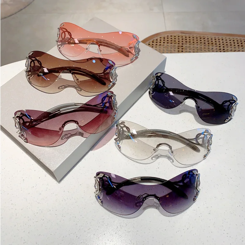 Y2k Rimless Sunglasses Women One Piece Lens Outdoor Shades Trendy Luxury Brand Design Metal Frame Punk Glasses Eyewear Goggle