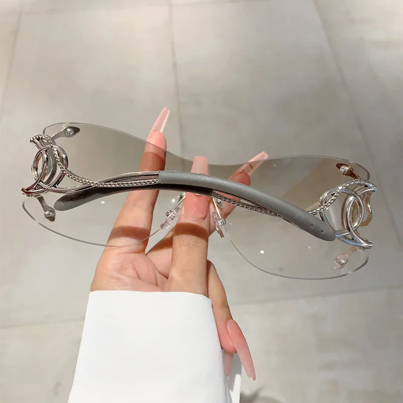 Y2k Rimless Sunglasses Women One Piece Lens Outdoor Shades Trendy Luxury Brand Design Metal Frame Punk Glasses Eyewear Goggle