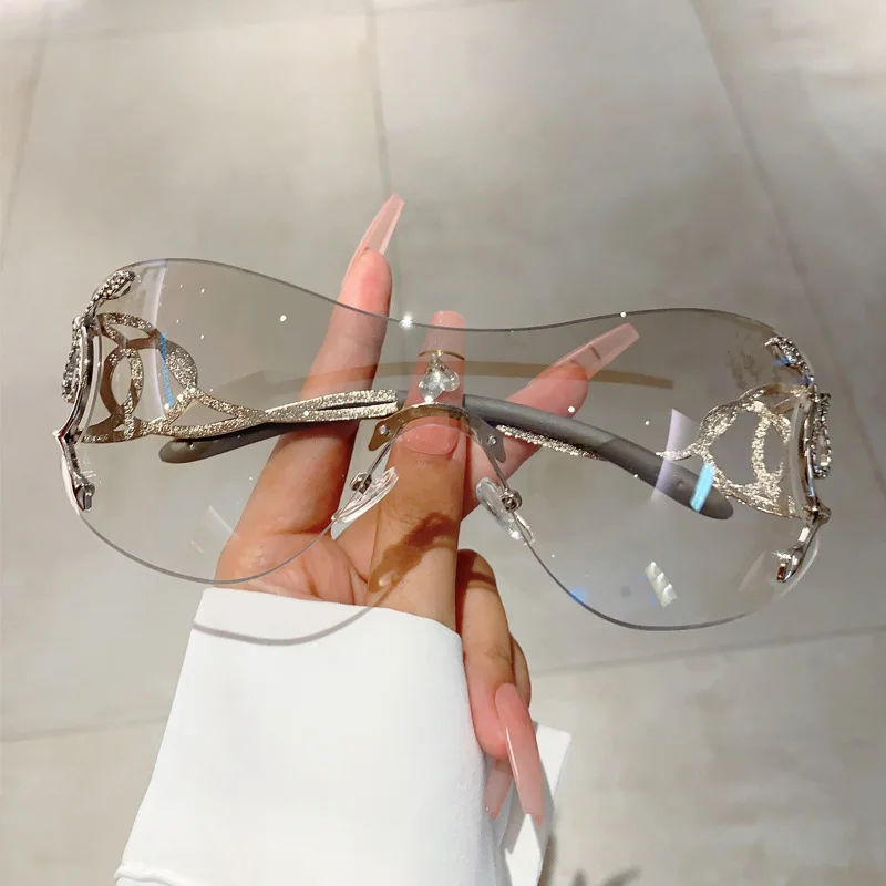 Y2k Rimless Sunglasses Women One Piece Lens Outdoor Shades Trendy Luxury Brand Design Metal Frame Punk Glasses Eyewear Goggle