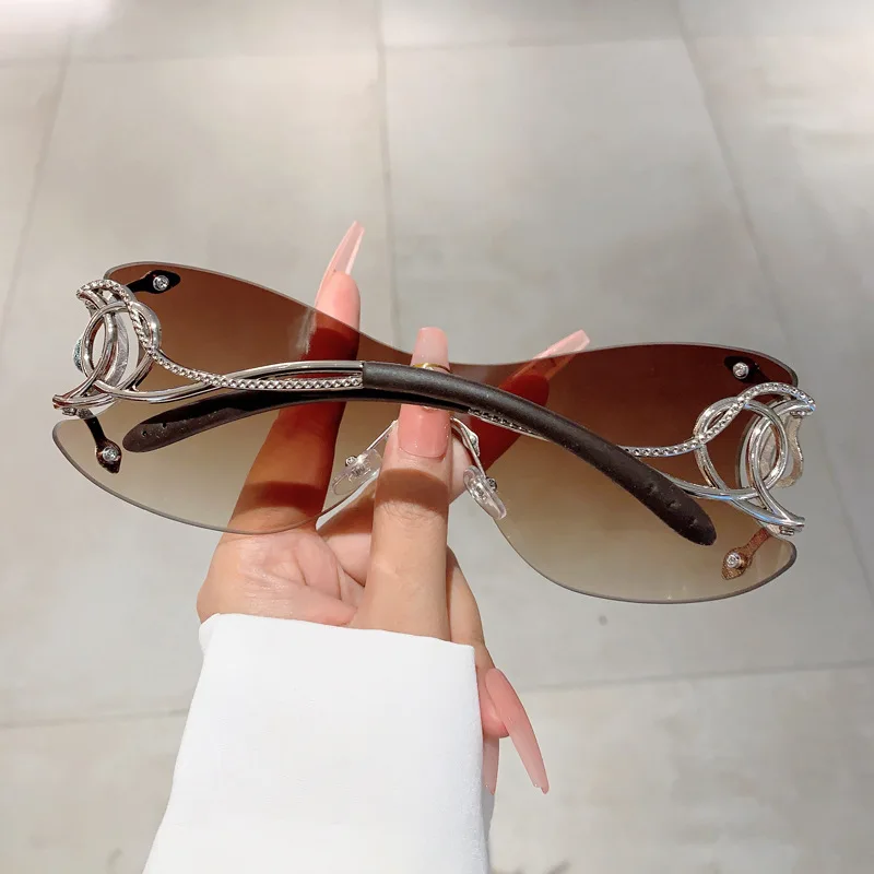 Y2k Rimless Sunglasses Women One Piece Lens Outdoor Shades Trendy Luxury Brand Design Metal Frame Punk Glasses Eyewear Goggle