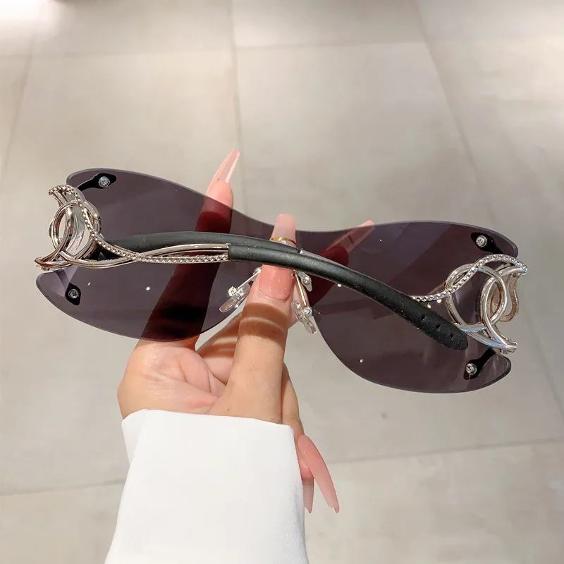 Y2k Rimless Sunglasses Women One Piece Lens Outdoor Shades Trendy Luxury Brand Design Metal Frame Punk Glasses Eyewear Goggle