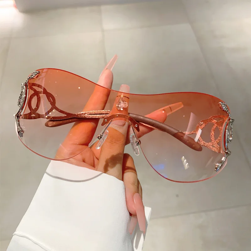 Y2k Rimless Sunglasses Women One Piece Lens Outdoor Shades Trendy Luxury Brand Design Metal Frame Punk Glasses Eyewear Goggle