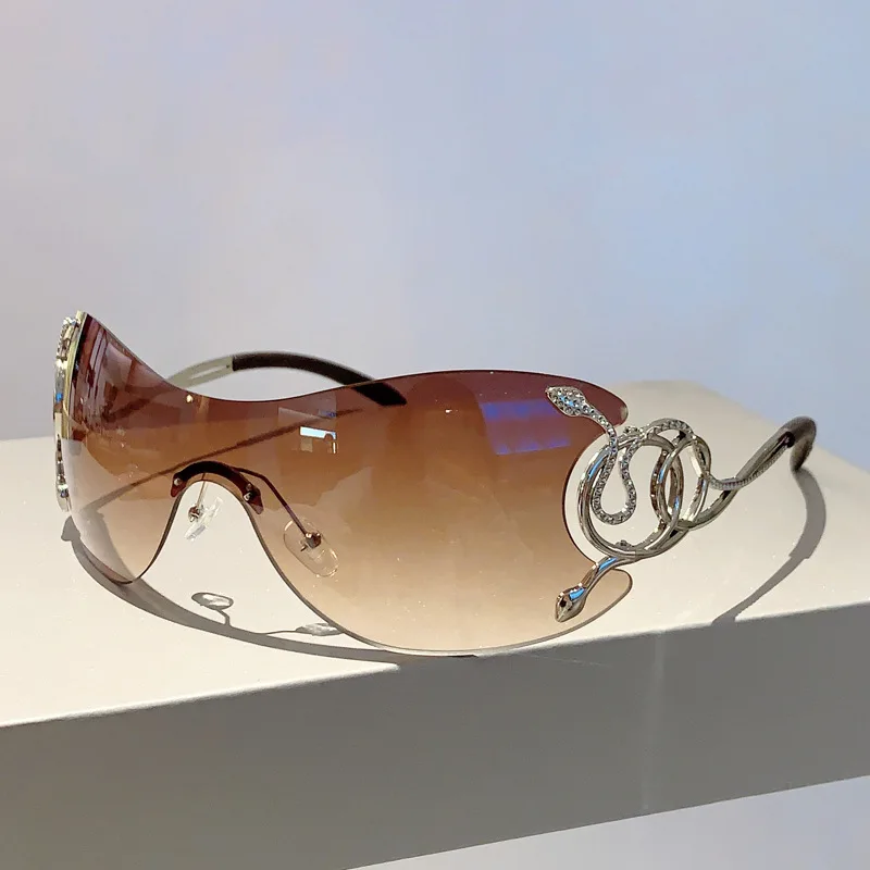 Y2k Rimless Sunglasses Women One Piece Lens Outdoor Shades Trendy Luxury Brand Design Metal Frame Punk Glasses Eyewear Goggle