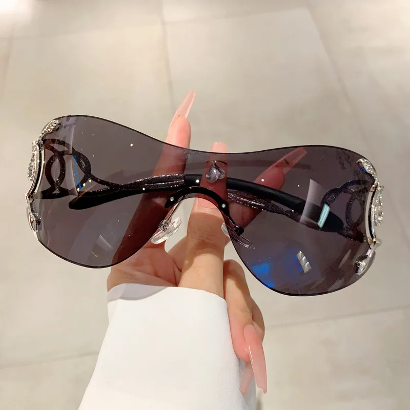Y2k Rimless Sunglasses Women One Piece Lens Outdoor Shades Trendy Luxury Brand Design Metal Frame Punk Glasses Eyewear Goggle
