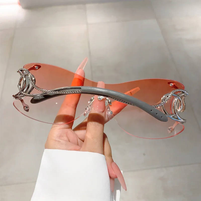 Y2k Rimless Sunglasses Women One Piece Lens Outdoor Shades Trendy Luxury Brand Design Metal Frame Punk Glasses Eyewear Goggle