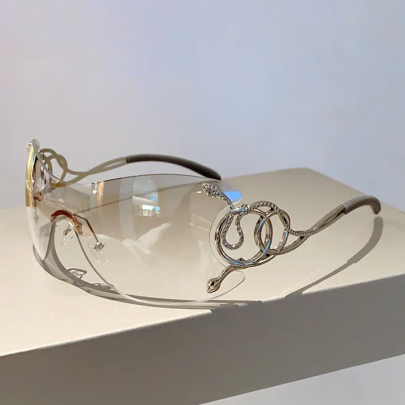 Y2k Rimless Sunglasses Women One Piece Lens Outdoor Shades Trendy Luxury Brand Design Metal Frame Punk Glasses Eyewear Goggle