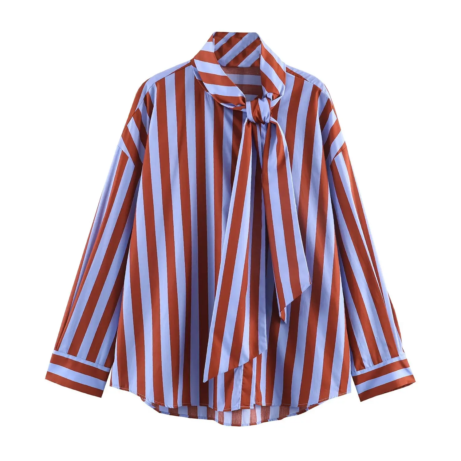TFMLN Women Spring New Striped Shirt Elegant Bow Neck Single Breasted Loose Blouse Casual Vintage Printed Long Sleeve Shirts