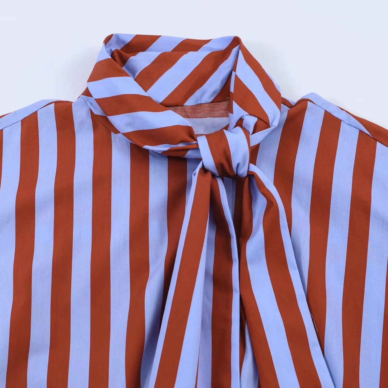 TFMLN Women Spring New Striped Shirt Elegant Bow Neck Single Breasted Loose Blouse Casual Vintage Printed Long Sleeve Shirts