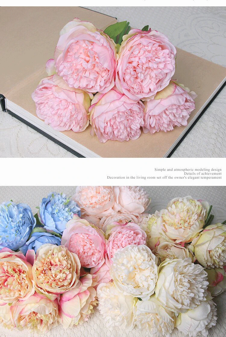 5Big Heads 11cm Diameter Rose Pink Peony Artificial Flowers Bouquet Fake Flower for Home Bride Wedding Decoration Marriage Decor
