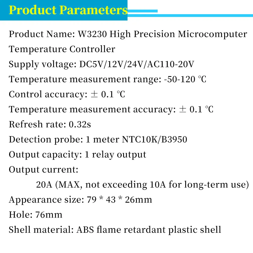 W3230 12V 24V AC110-220V Probe line 20A Digital Temperature Control LED Display Thermostat With Heat/Cooling Control Instrument