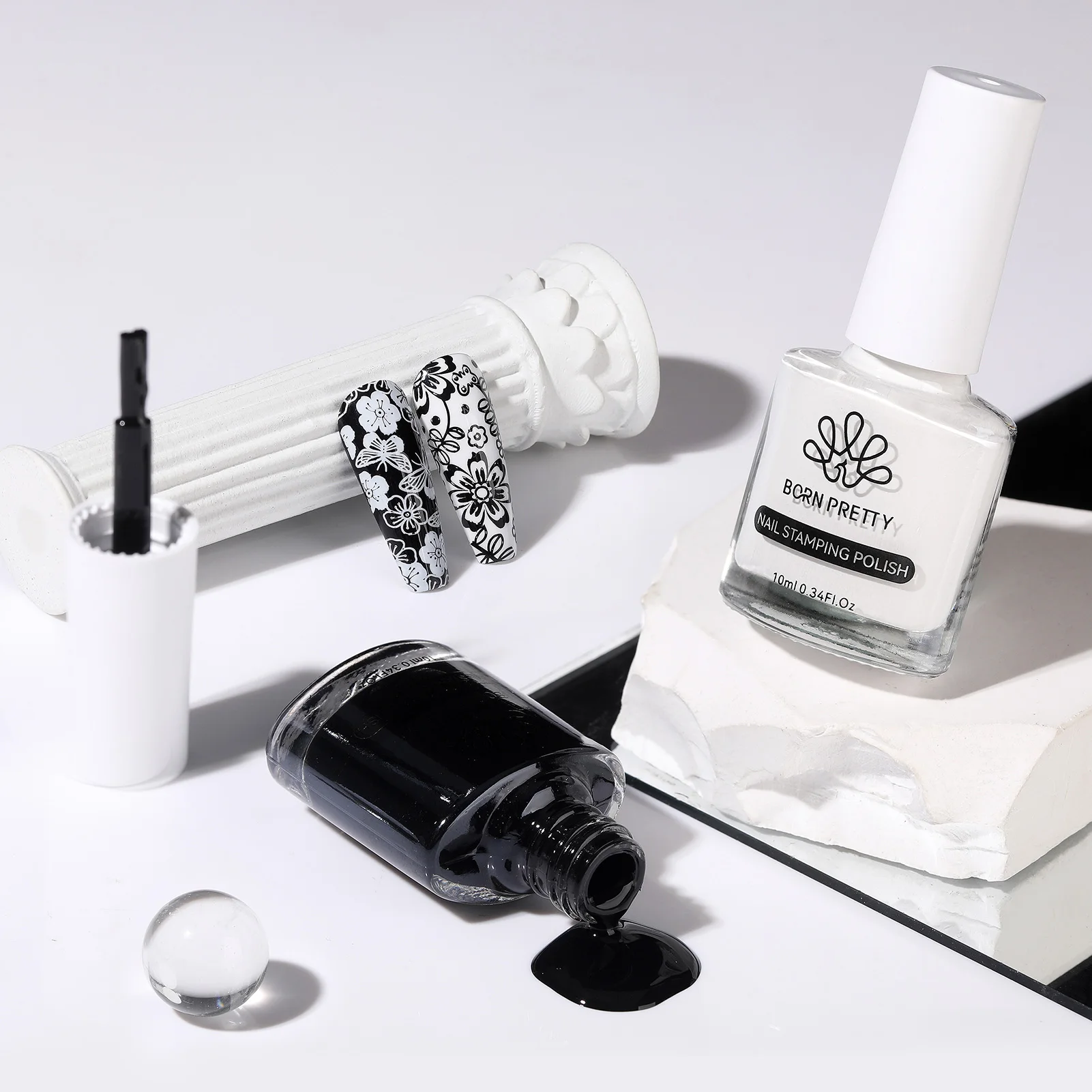 BORN PRETTY 2Pcs/Set 10ML Black White Nail Stamping Polish Varnish Gold Silver for Nail Art Plates Stamp Oil Stamping Series