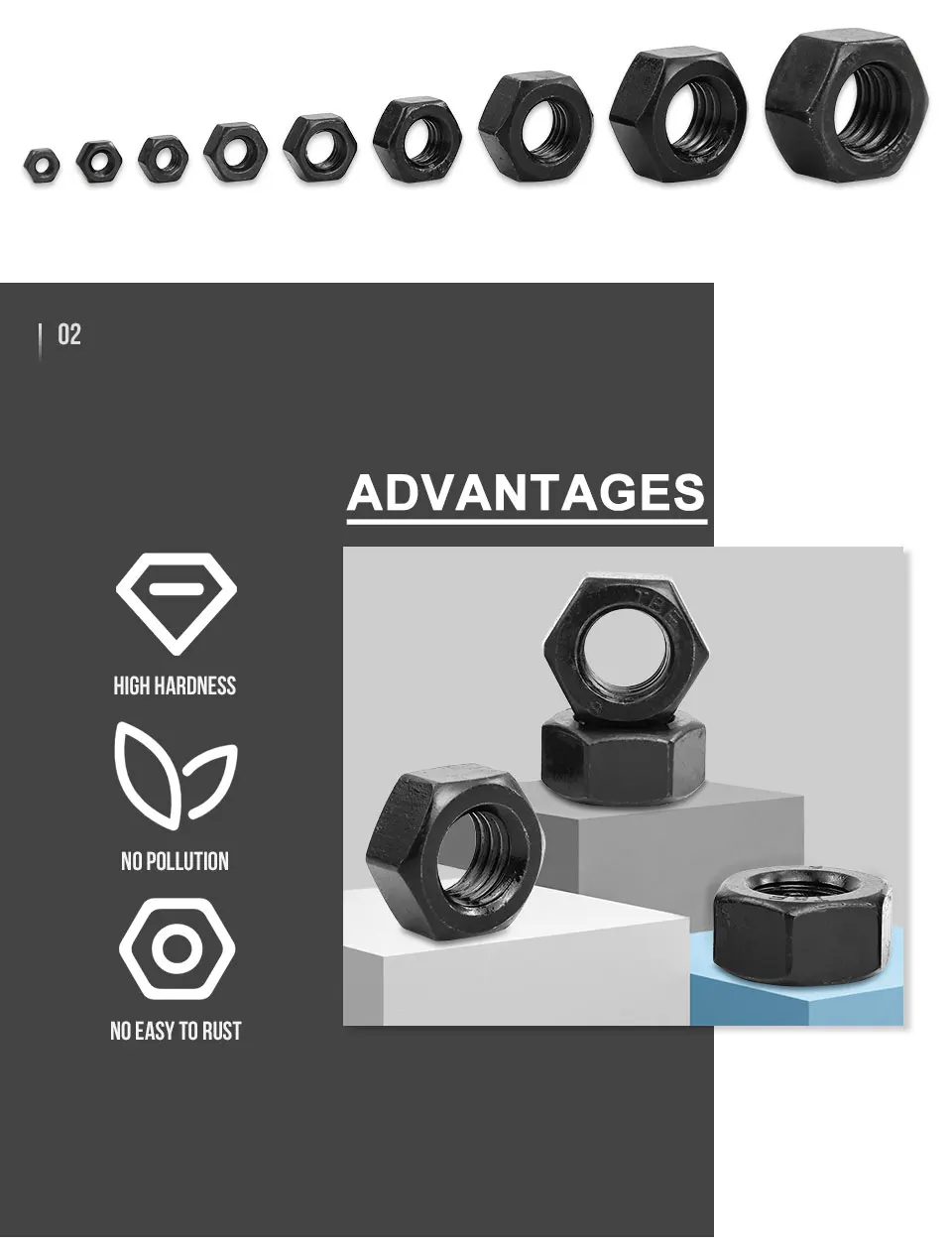 Black Hexagon Hex Nuts M2 M2.5 M3 M4 M5 M6 M8 M10 M12 M14 M16 M18 M20 M22 M24 M27 carbon steel metric hex nuts