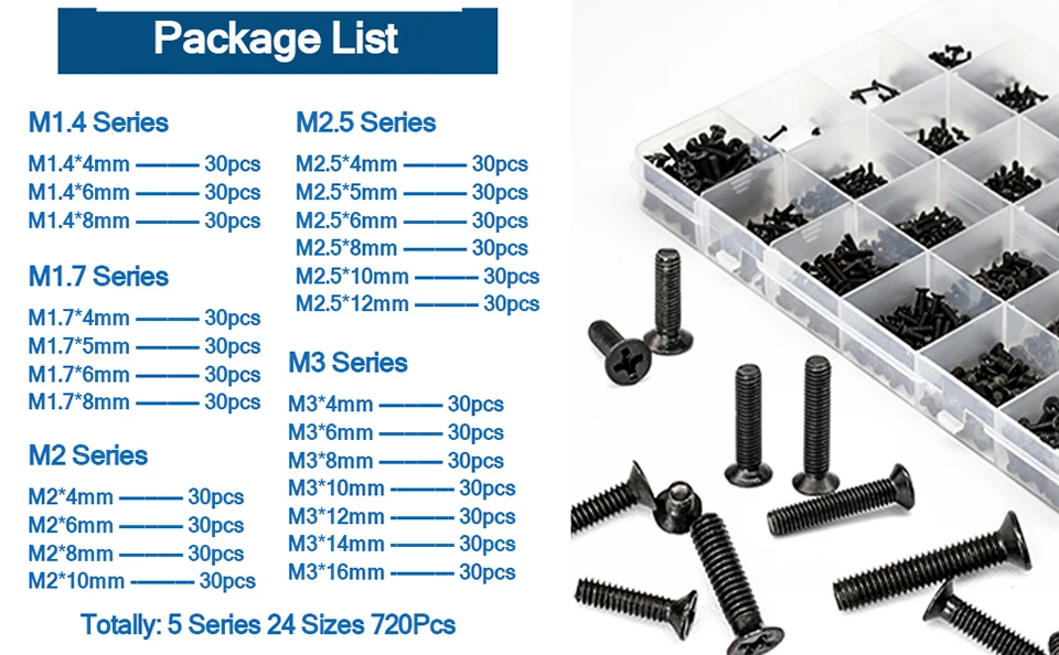 720pcs countersunk flat head phillips small mini screw set m1.4 m1.7 m2 m2.5 m3 carbon steel computer notebook laptop screws kit