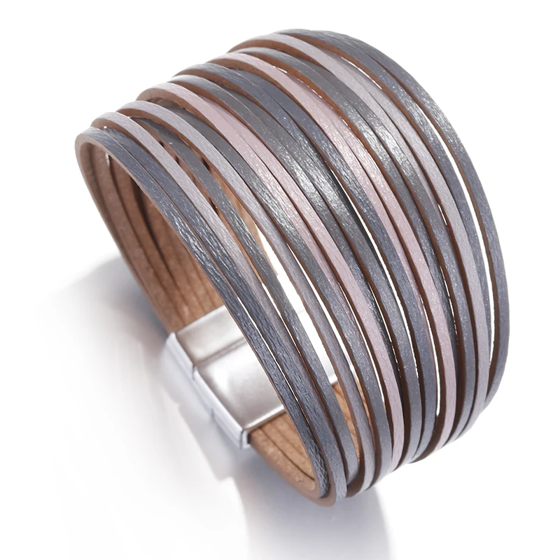 ALLYES Simple Gold Silver Color Leather Bracelets For Women Fashion 2025 Boho Multilayer Strips Wide Wrap Bracelet Jewelry