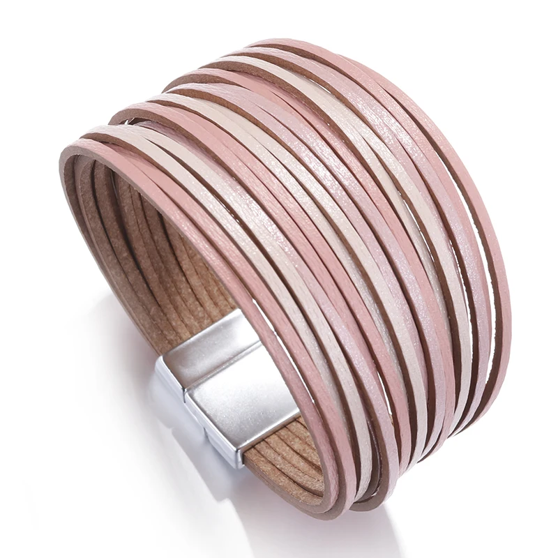 ALLYES Simple Gold Silver Color Leather Bracelets For Women Fashion 2025 Boho Multilayer Strips Wide Wrap Bracelet Jewelry