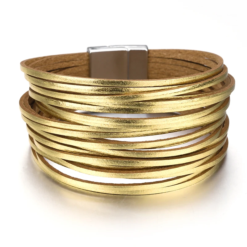 ALLYES Simple Gold Silver Color Leather Bracelets For Women Fashion 2025 Boho Multilayer Strips Wide Wrap Bracelet Jewelry