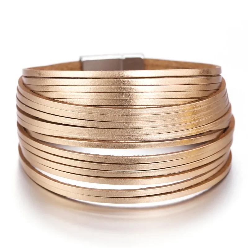 ALLYES Simple Gold Silver Color Leather Bracelets For Women Fashion 2025 Boho Multilayer Strips Wide Wrap Bracelet Jewelry