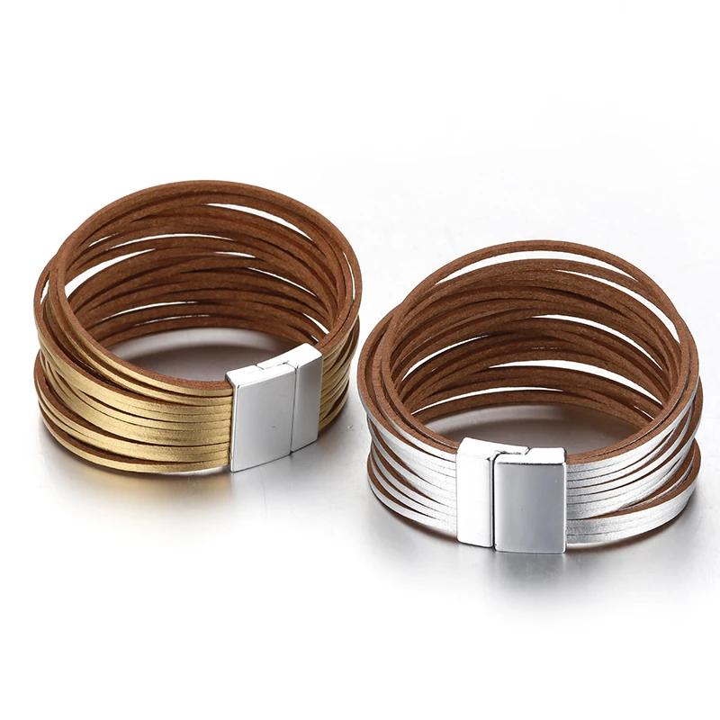ALLYES Simple Gold Silver Color Leather Bracelets For Women Fashion 2025 Boho Multilayer Strips Wide Wrap Bracelet Jewelry