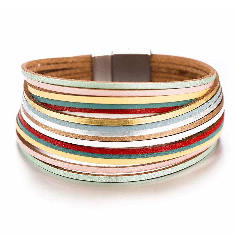 ALLYES Simple Gold Silver Color Leather Bracelets For Women Fashion 2025 Boho Multilayer Strips Wide Wrap Bracelet Jewelry