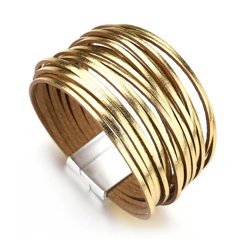 ALLYES Simple Gold Silver Color Leather Bracelets For Women Fashion 2025 Boho Multilayer Strips Wide Wrap Bracelet Jewelry