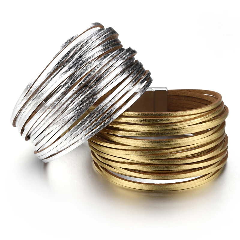 ALLYES Simple Gold Silver Color Leather Bracelets For Women Fashion 2025 Boho Multilayer Strips Wide Wrap Bracelet Jewelry