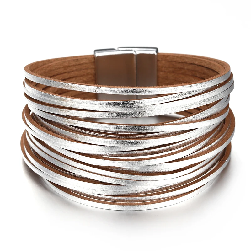 ALLYES Simple Gold Silver Color Leather Bracelets For Women Fashion 2025 Boho Multilayer Strips Wide Wrap Bracelet Jewelry