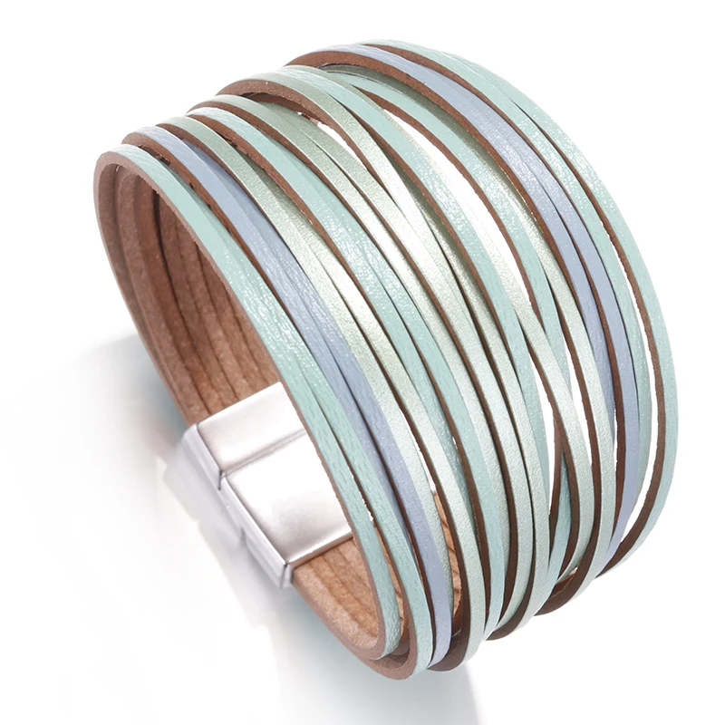 ALLYES Simple Gold Silver Color Leather Bracelets For Women Fashion 2025 Boho Multilayer Strips Wide Wrap Bracelet Jewelry