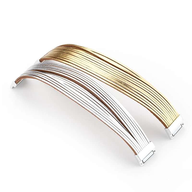 ALLYES Simple Gold Silver Color Leather Bracelets For Women Fashion 2025 Boho Multilayer Strips Wide Wrap Bracelet Jewelry