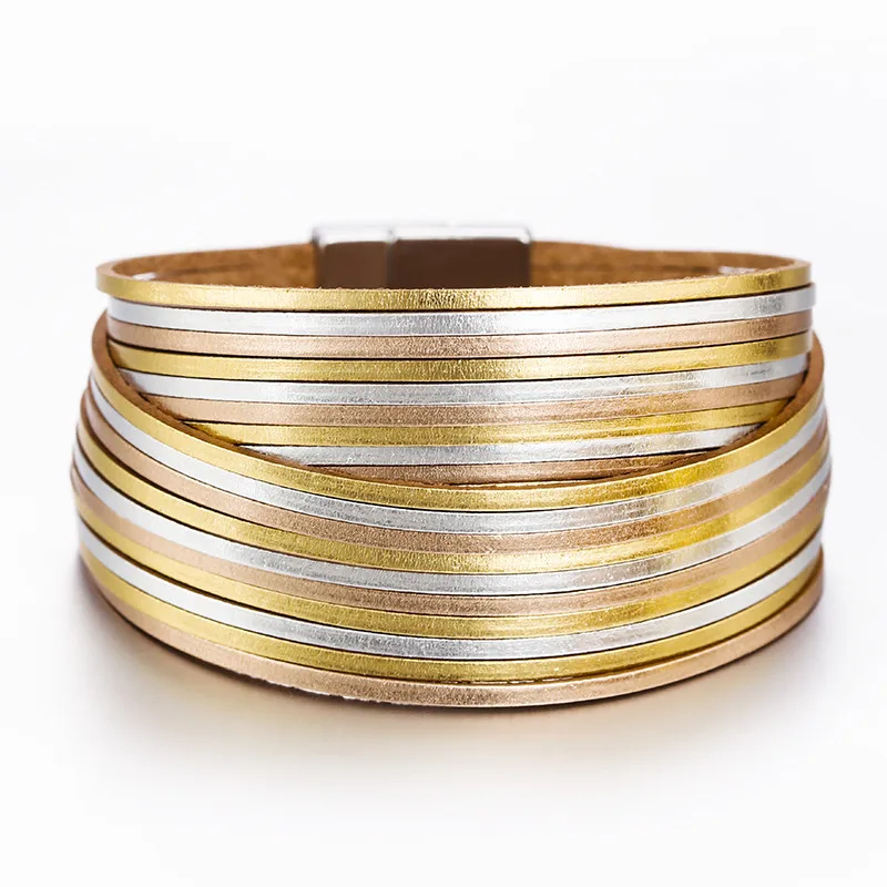 ALLYES Simple Gold Silver Color Leather Bracelets For Women Fashion 2025 Boho Multilayer Strips Wide Wrap Bracelet Jewelry