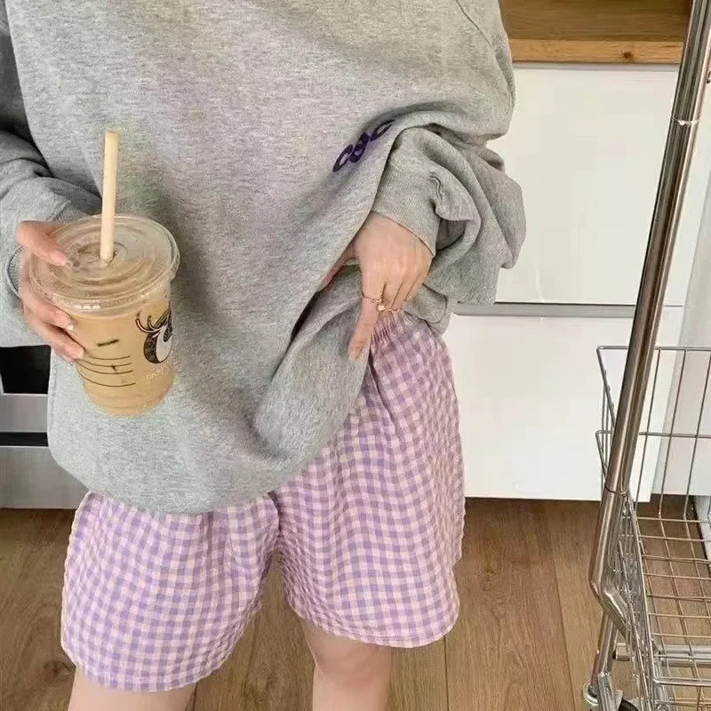Shorts Women's Bottoms Soft Pants Plaid Print Spwear Pants Womens Pajama Pant Summer Loose Shorts Thin Pajamas Cotton Women