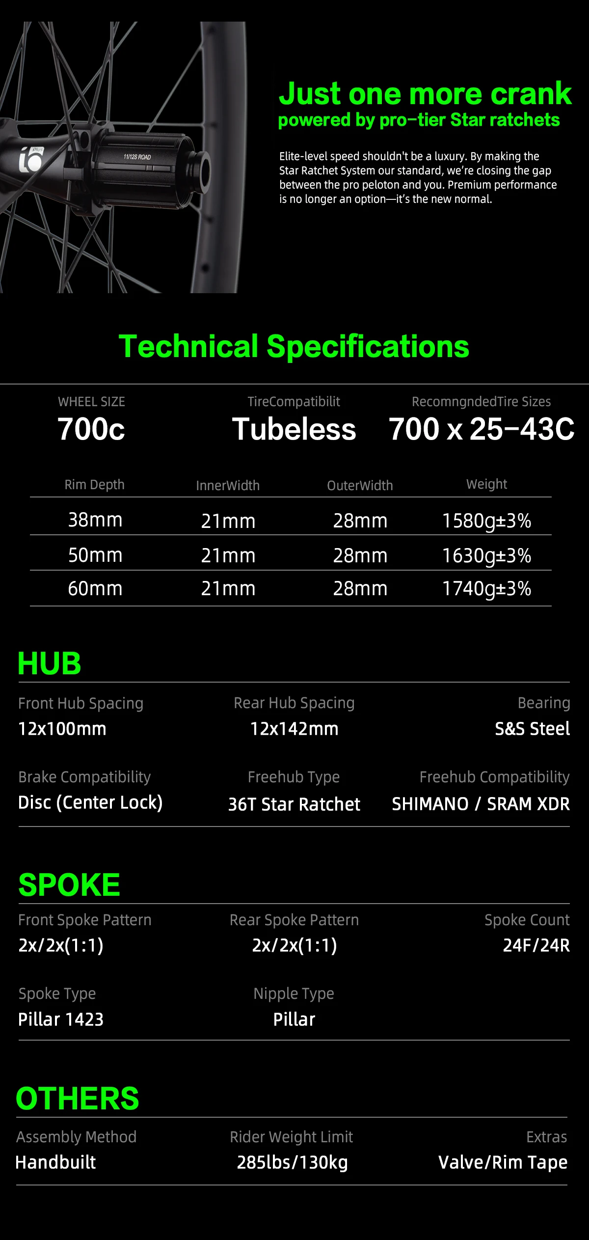 10PLUS Carbon Wheels T Series Disc Brake 700c Carbon Rim 36T Star Ratchet Center Lock Pillar 1423 Spokes Road Racing Wheelset